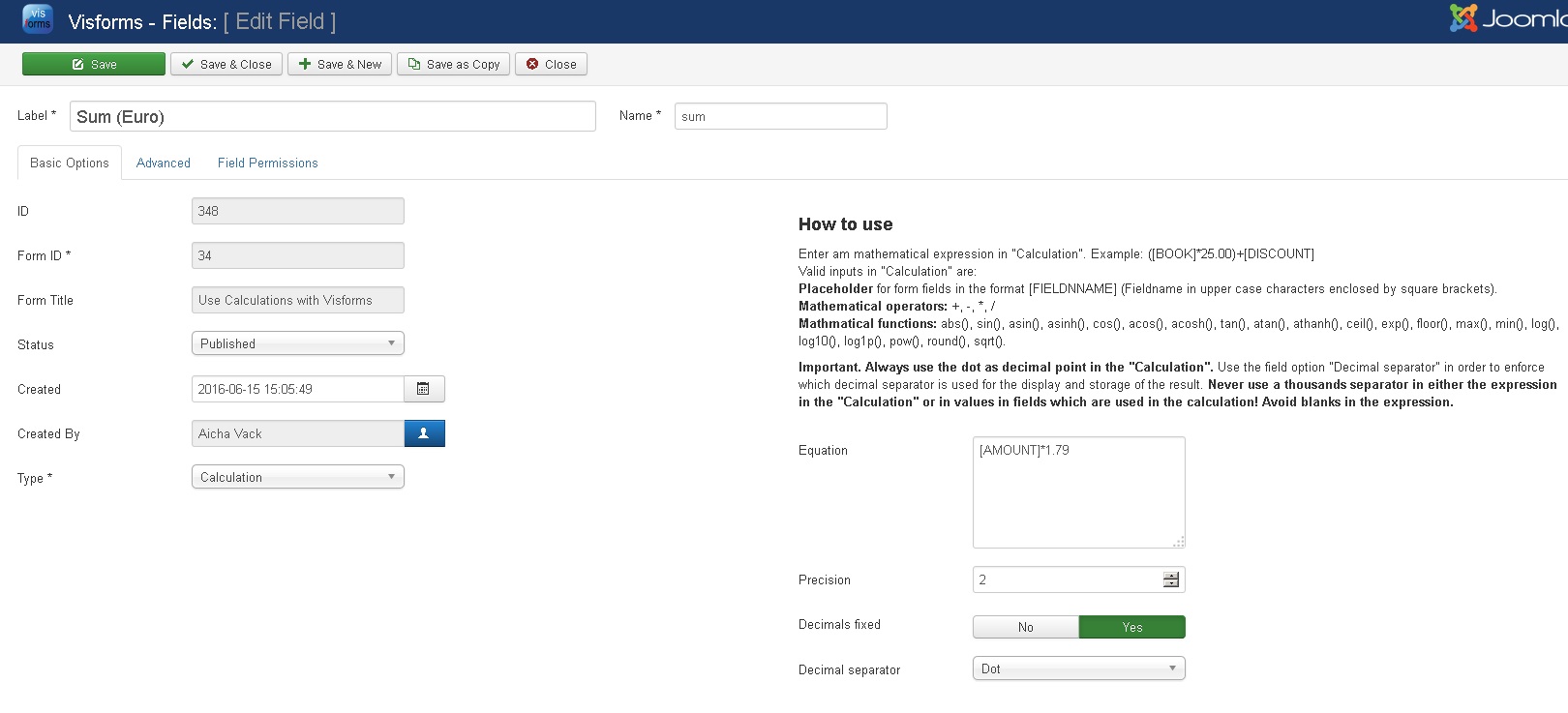 Field configuration settings
