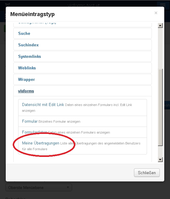Menu Typ Meine Übertragungen