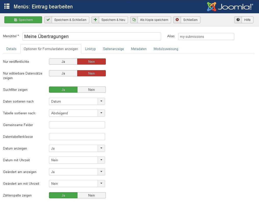 Menüparameter für Meine Übertragungen