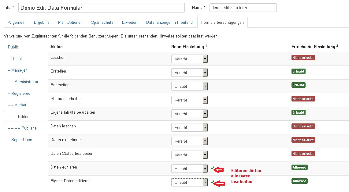 Formularberechtigung für Editor Formularberechtigung für Editor