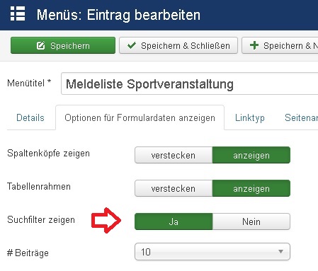 Menü Option Suchfilter Menu Option Suchfilter