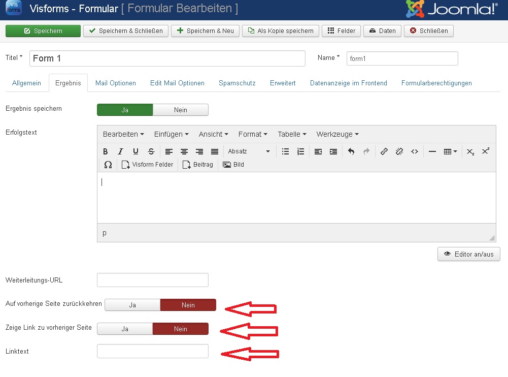Redirect Optionen nach erfolgreichem Submit