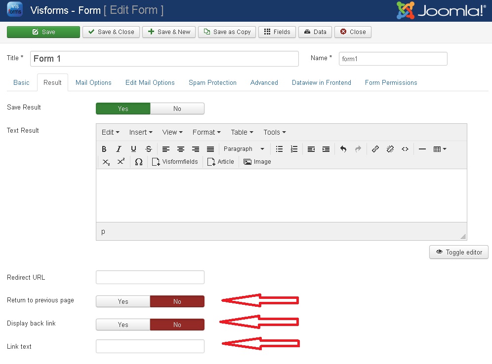 Redirect options after successfull submit